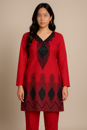 Bold Red Embroidered Kurti Set